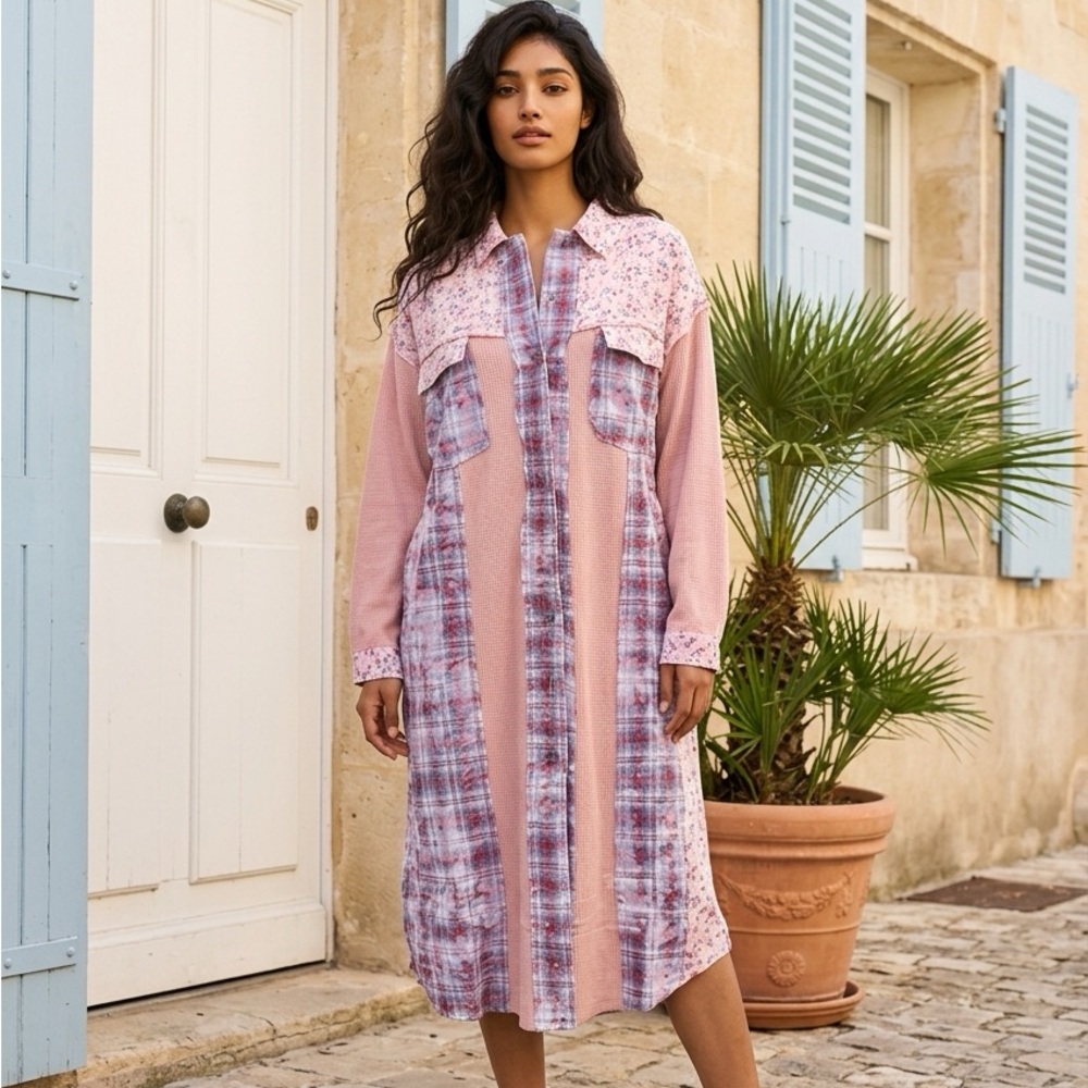 New -POL Pink Floral Button-Front Shirt Dress